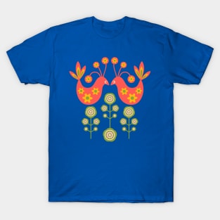 LOVE BIRDS Folk Art Mid-Century Modern Scandi Floral With Birds Flowers Feathers in Coral Orange Yellow Pink Green on Royal Blue - UnBlink Studio by Jackie Tahara T-Shirt